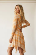 Mesh Fabric Plaid Long Sleeve Asymmetrical Dress in Orange - dress