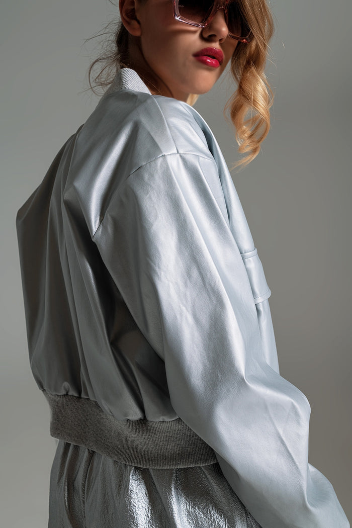 Metallic Bomber Jacket With Front Pockets in Silver
