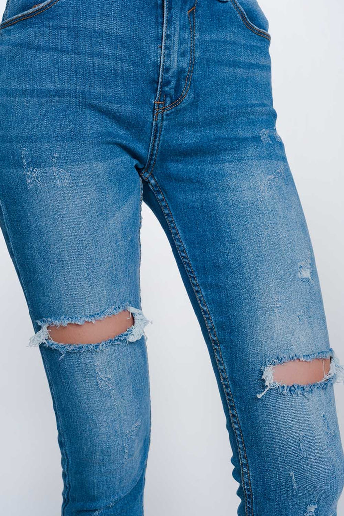 Mid denim super skinny jeans with holes in the knees - Denim