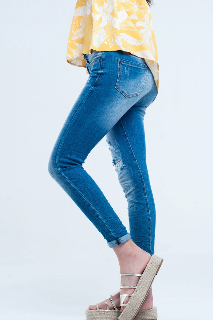 Mid wash fitted jeans with rips - Denim