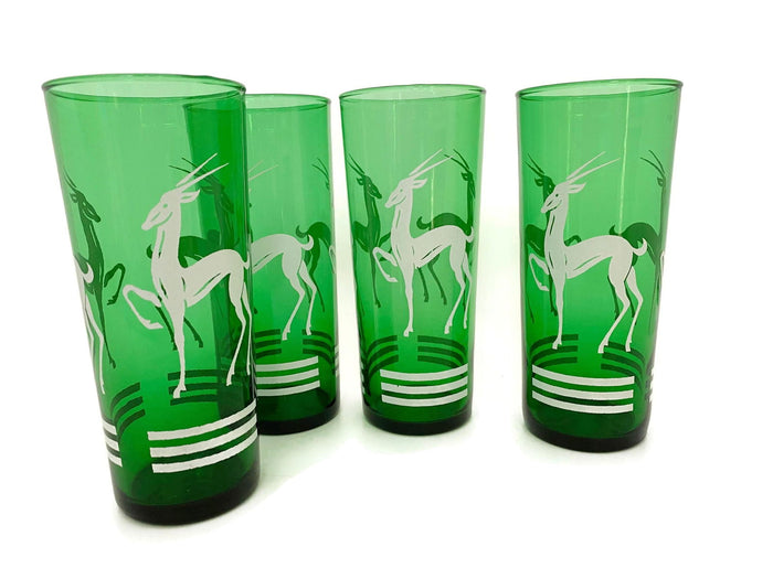 Midcentury Green and White Collins Cocktail Glasses at Duckwells