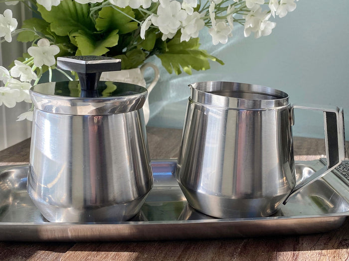 Midcentury Stainless Sugar and Creamer Set by Stanley Roberts at Duckwells