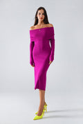 Midi Knitted Folover Badot Dress in Magenta - dress, Dresses