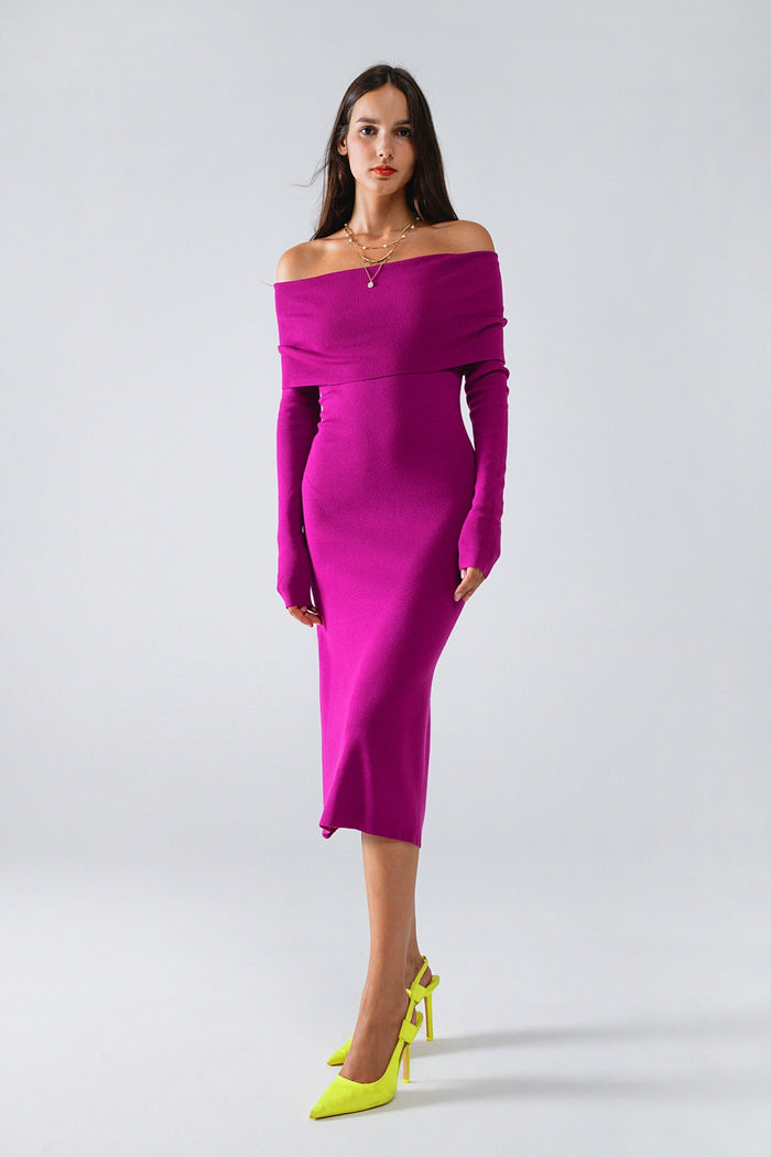Midi Knitted Folover Badot Dress in Magenta - dress, Dresses