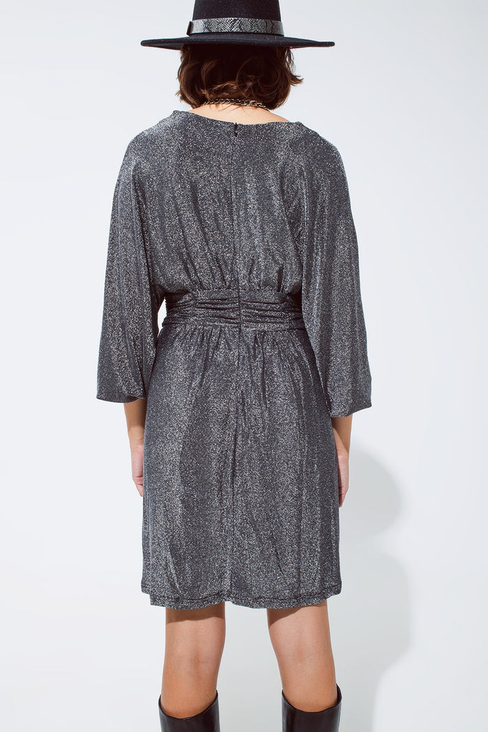 Mini length glitter dress with deep V neck in silver - dress