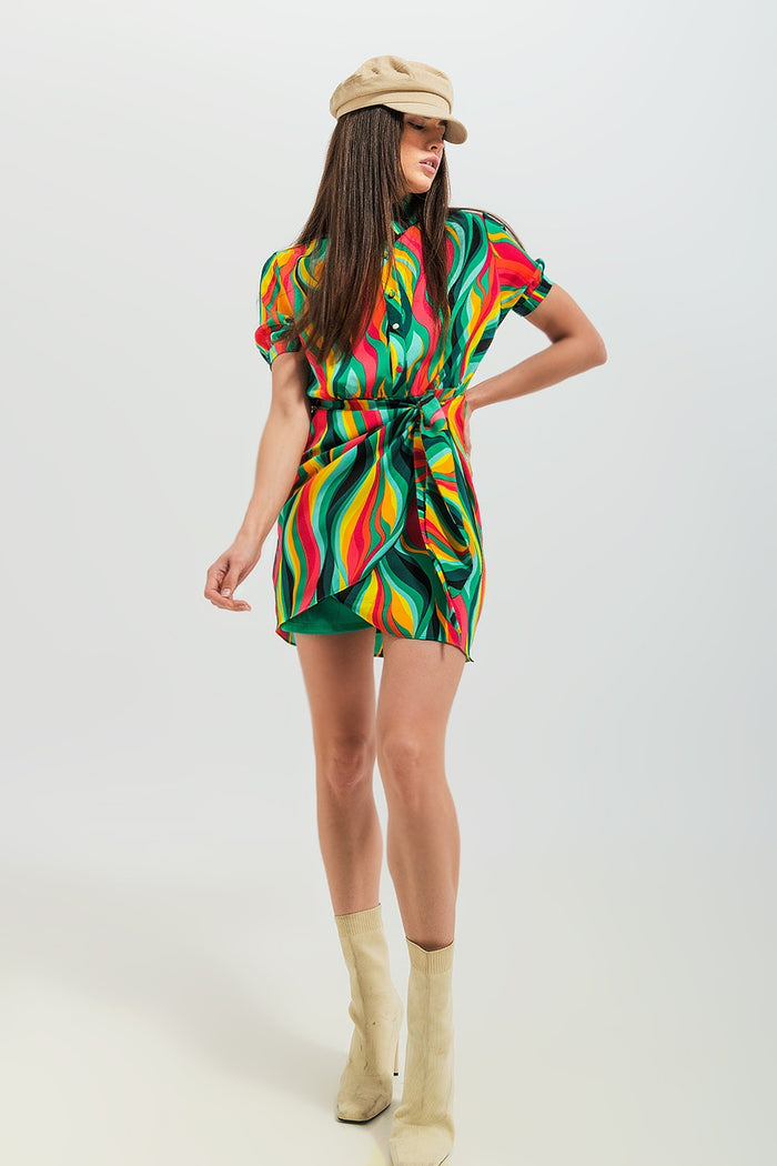 Mini wrap shirt dress in green swirl print - dress