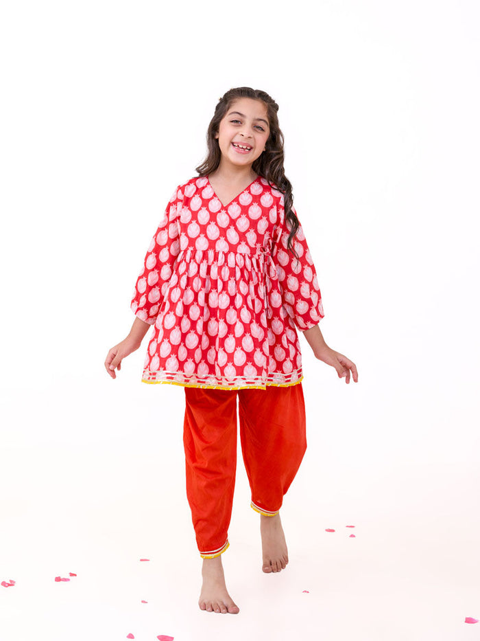 girls red printed kurta pajama set - Pinklay