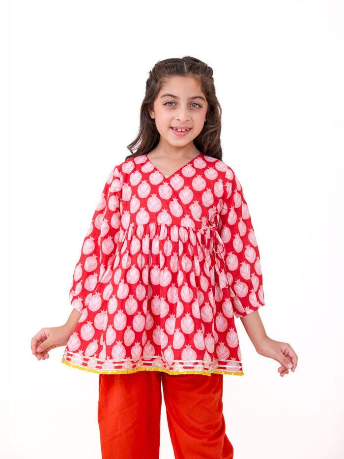 girls red printed kurta pajama set - Pinklay