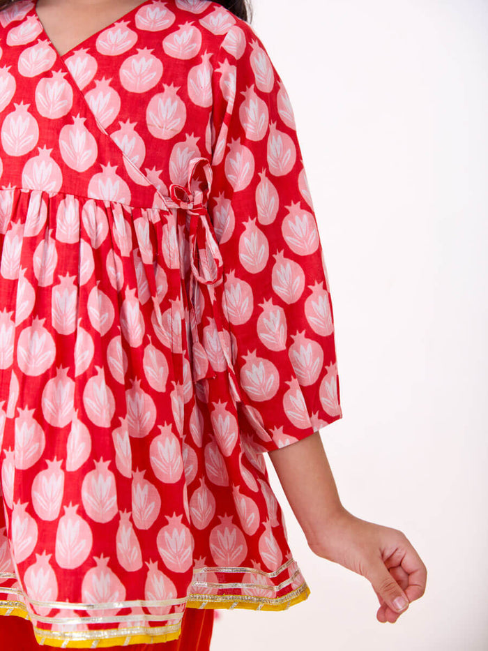 girls red printed kurta pajama set - Pinklay