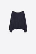 navy fine knit sweater with a boat neck and rhinestone detail