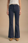 Navy High-Rise Flared Jeans with Stud Detail - Coloured Jeans