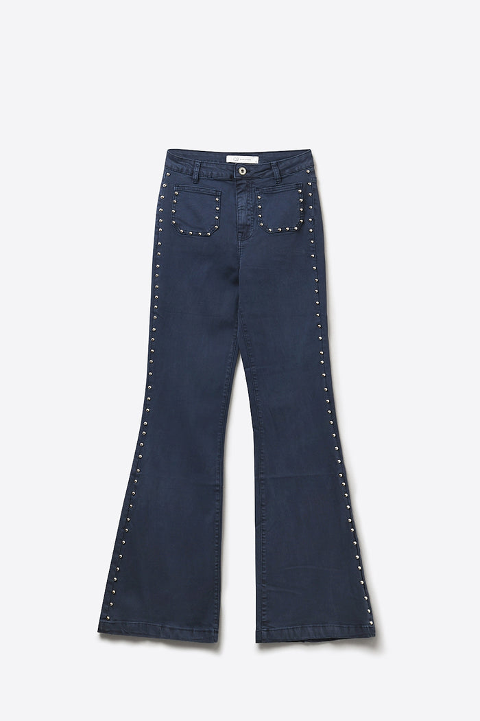 Navy High-Rise Flared Jeans with Stud Detail - Coloured Jeans