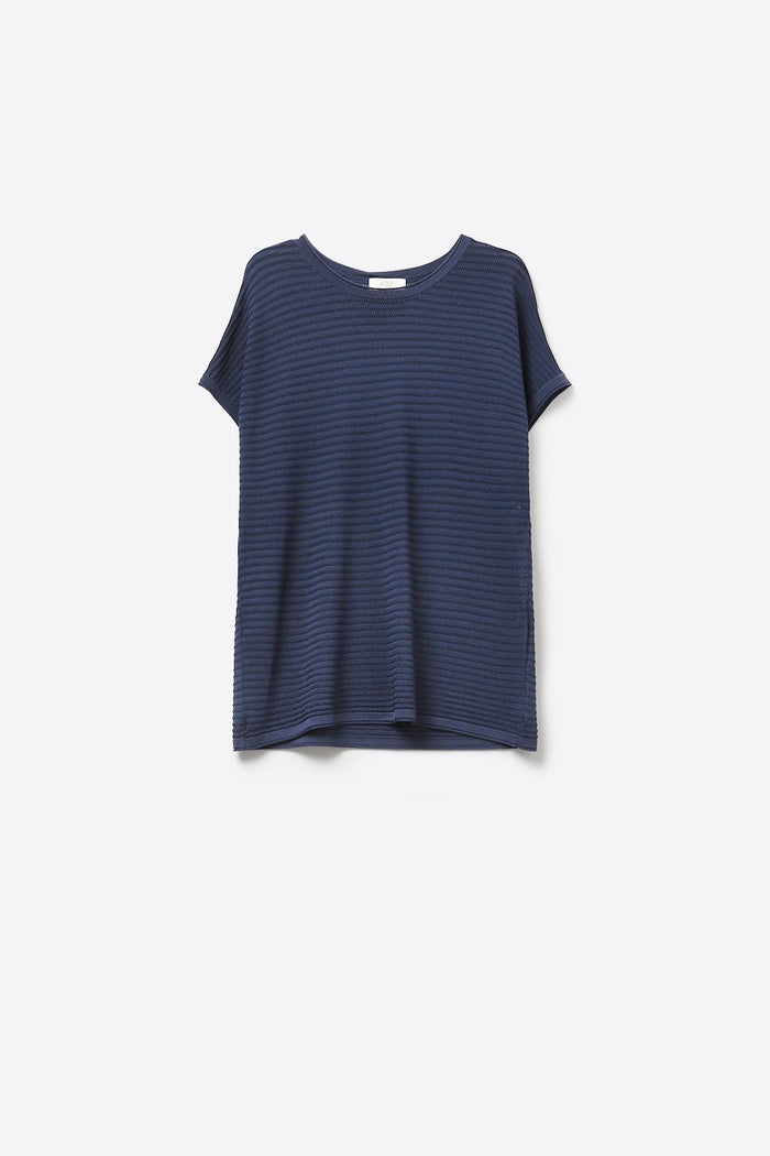 Navy Textured Short Sleeve Relaxed sweater