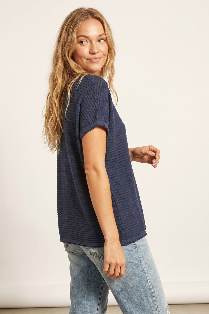 Navy Textured Short Sleeve Relaxed sweater