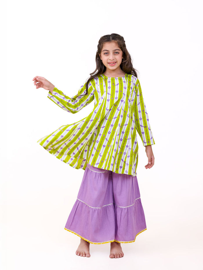green printed kurta and sharara set for girls - Pinklay