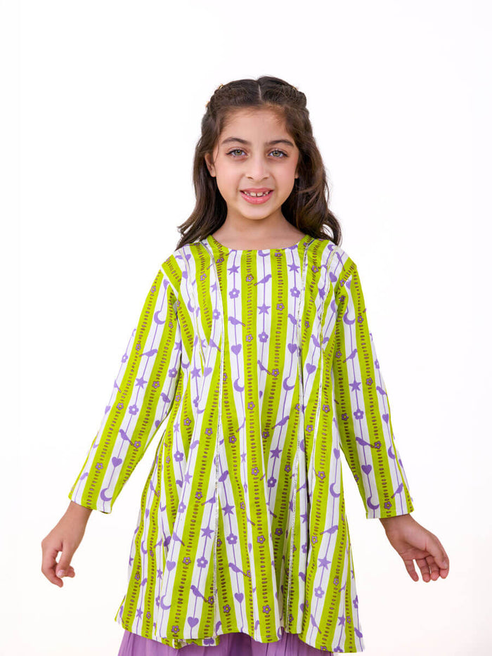 green printed kurta and sharara set for girls - Pinklay