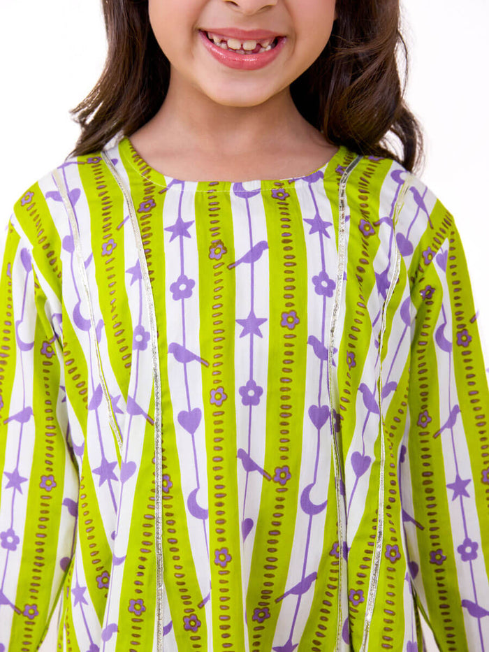 green printed kurta and sharara set for girls - Pinklay