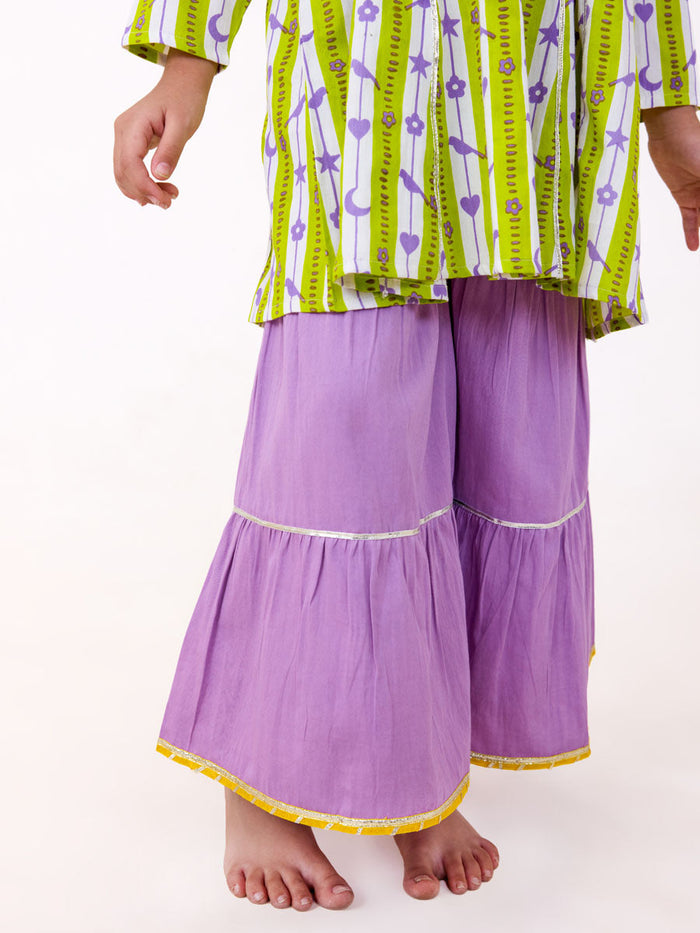 green printed kurta and sharara set for girls - Pinklay