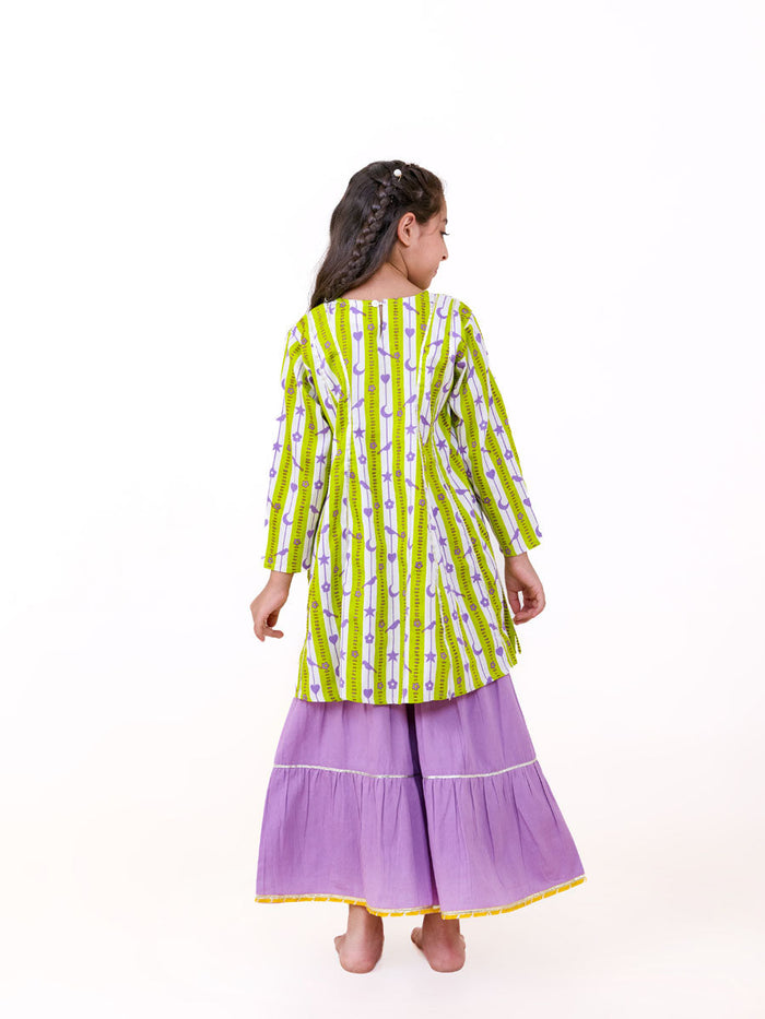 green printed kurta and sharara set for girls - Pinklay