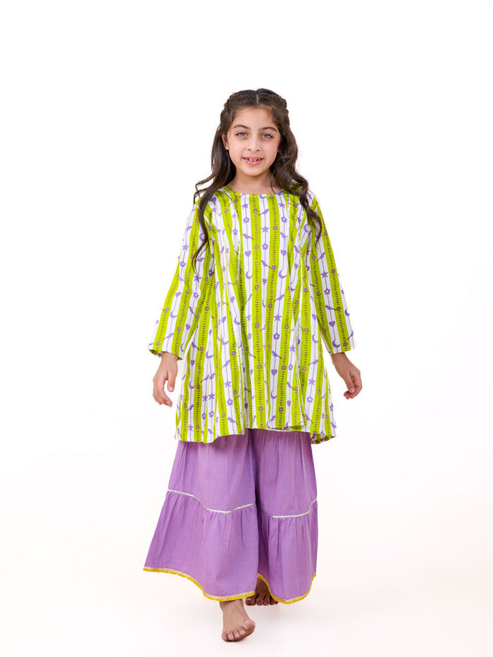 green printed kurta and sharara set for girls - Pinklay