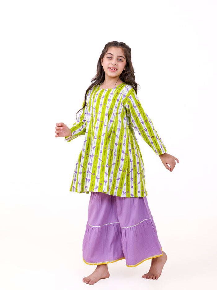 green printed kurta and sharara set for girls - Pinklay