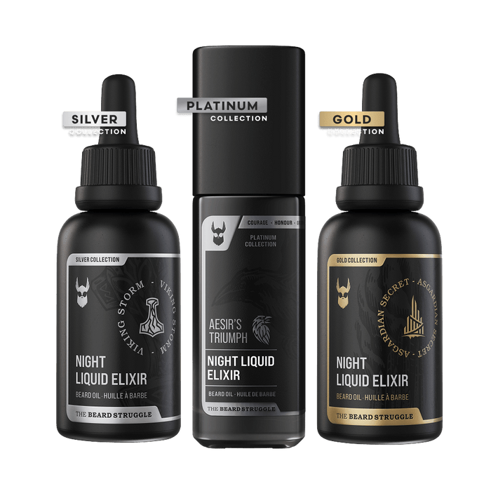 Night Liquid Elixir beard oil in Silver, Platinum and Gold Collection bottles: Viking Storm, Aesir's Triumph and Asgardian Secret. The Beard Struggle