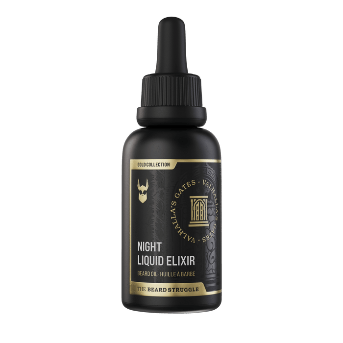 Night Liquid Elixir Oil in Valhalla's Gates scent, Gold Collection 30 ml beard oil bottle. The Beard Struggle