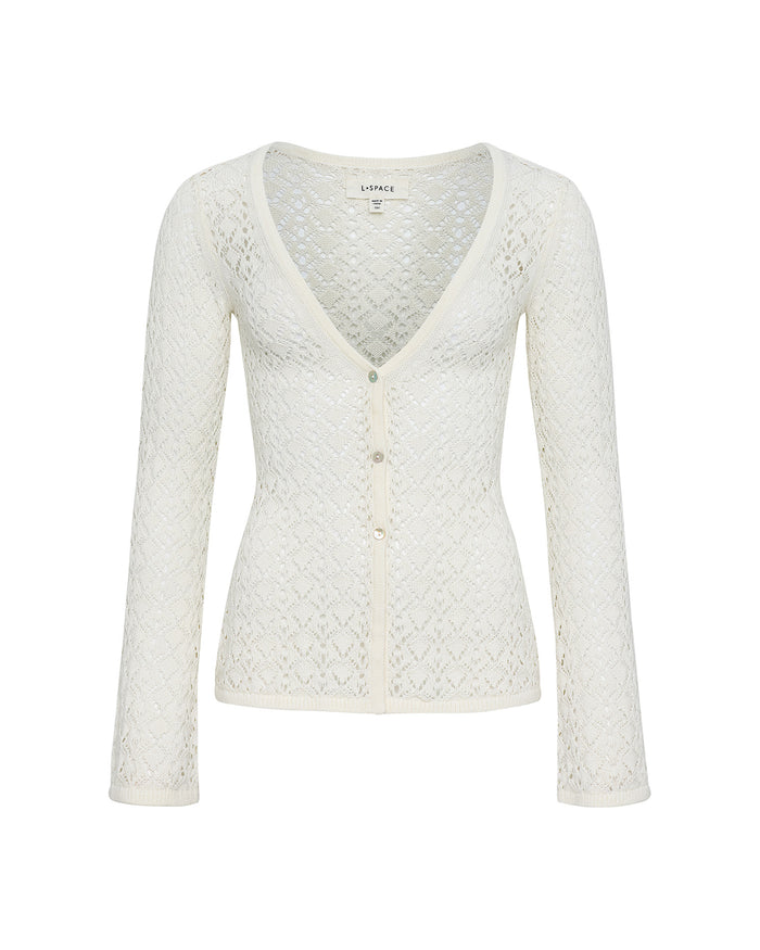 Off-model view of the LSPACE Nova Top in cream, displayed on a white background to show the full silhouette with deep V-neckline, button front closure, long sleeves, and open crochet diamond pattern.