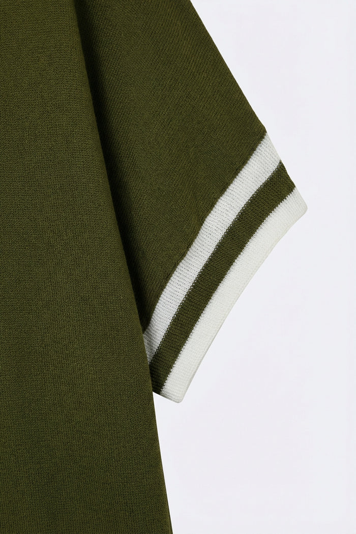 Olive Green fine Knited sweater with Striped Cuffs