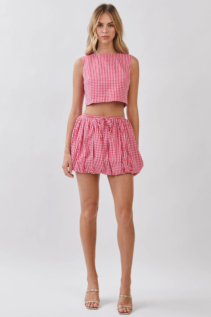 On the Go Red Gingham Bubble Mini Skirt
