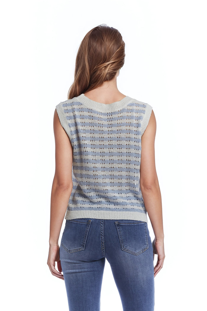 Open Knit Cropped Striped Sleeveless sweater in Blue and White