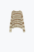 Open Knit Stripey Crew Neck Sweater in Shades of Brown