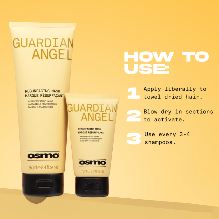 How to use OSMO Guardian Angel Resurfacing Mask 75ml and 250ml: apply liberally to towel-dried hair, blow-dry in sections to activate and use every three to four shampoos.