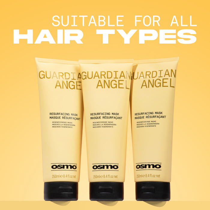 Three OSMO Guardian Angel Resurfacing Mask 250ml tubes, a smoothing and repairing treatment suitable for all hair types.