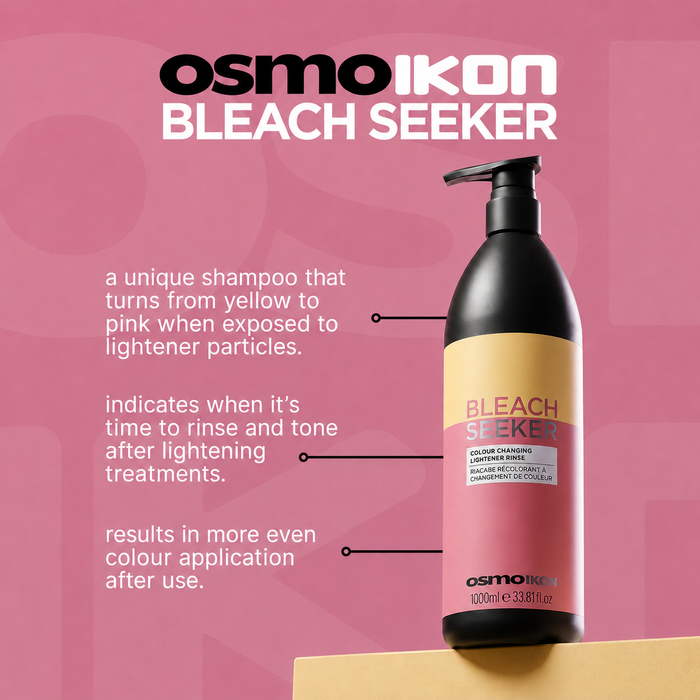 OSMO IKON Bleach Seeker colour-changing bleach trace indicator shampoo infographic showing how the formula changes from yellow to pink when bleach residue is detected, helping achieve even colour application after lightening treatments.