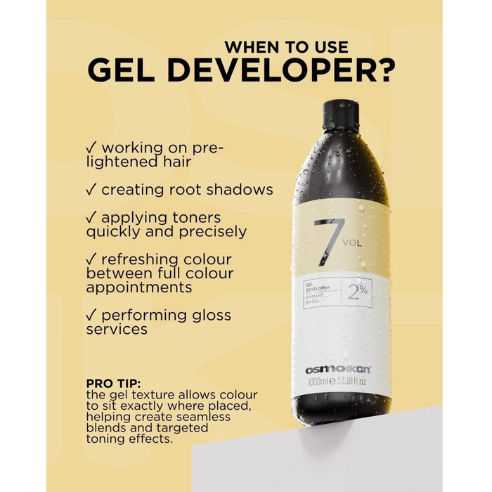 OSMO IKON Gel Developer 7 Vol 2% for pre-lightened hair, root shadows, precise toner application, colour refreshes and professional glossing services.