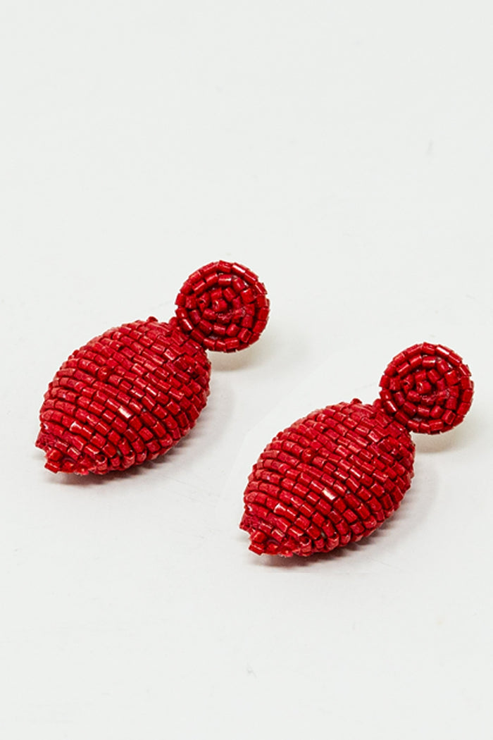 Oval Shape Beaded Earrings in Red