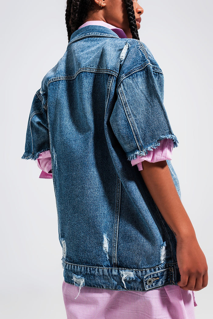 Oversized distressed short sleeves denim jacket