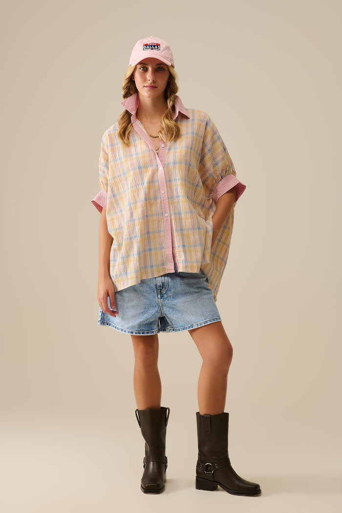 Oversized Flowy Blouse with Checked Contrast - Shirts