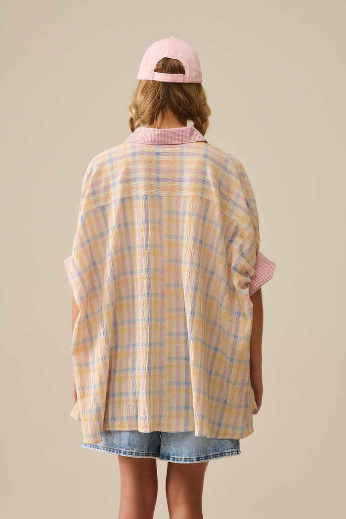 Oversized Flowy Blouse with Checked Contrast - Shirts