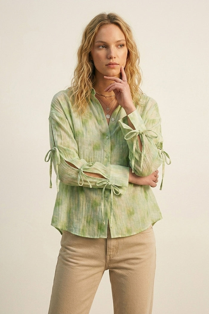 oversized Light Green Tie-Sleeve Button-Up Shirt - Shirts