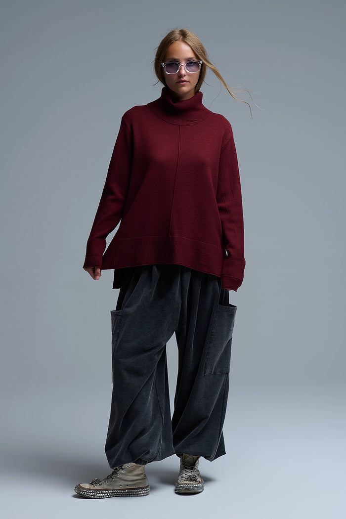 Oversized Roll Neck Sweater in Burgundy