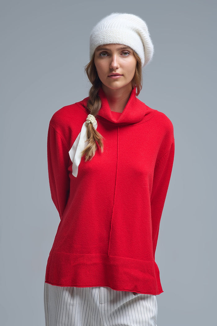 Oversized Roll Neck Sweater in Red