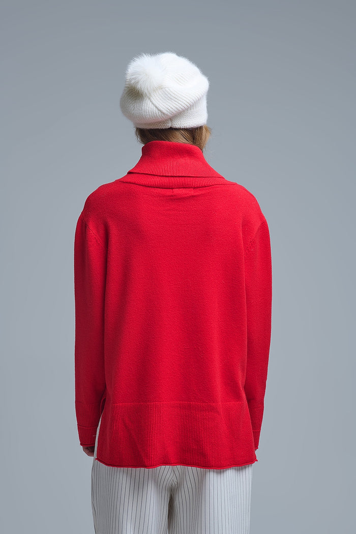 Oversized Roll Neck Sweater in Red