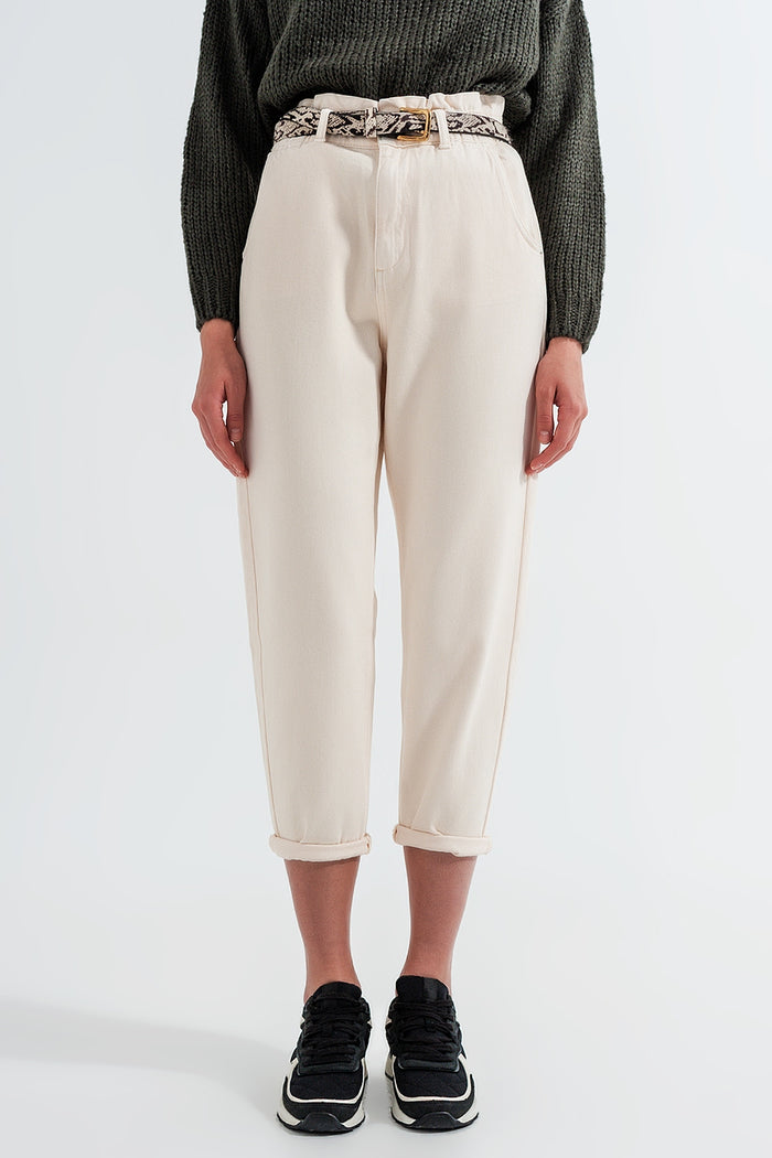 Paperbag waist straight leg jeans in cream - Coloured Jeans