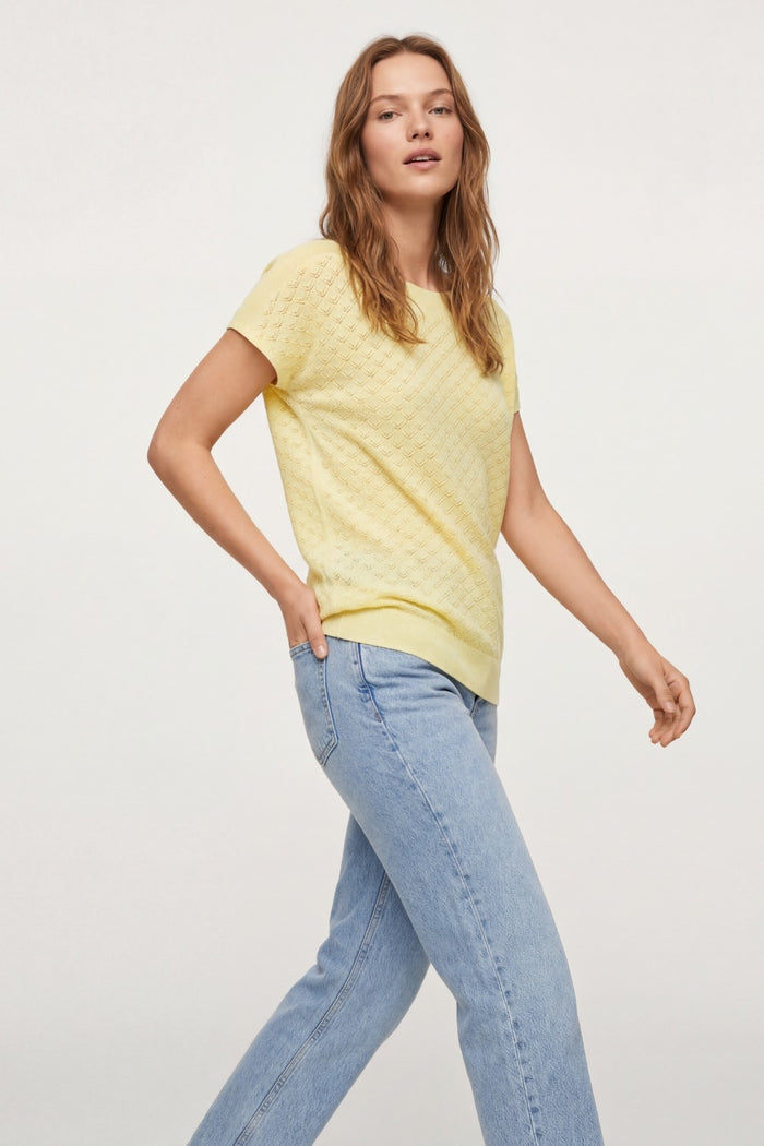 pattern Textured Knit Short Sleeve Sweater in yellow