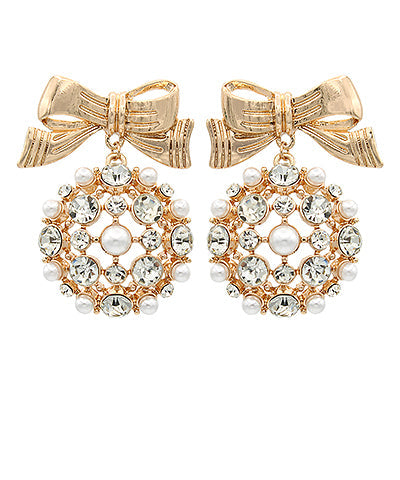 Pave Stone and Pearl Cluster Bow Earring - Clear