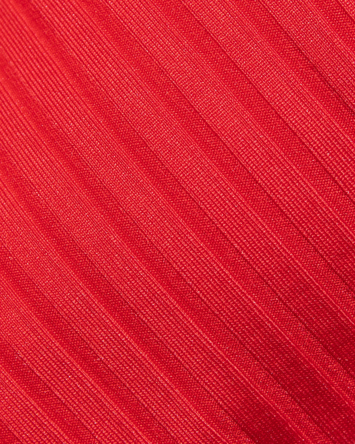 Close-up of flame red ribbed fabric used in the LSPACE flame Peyton Bikini Top.
