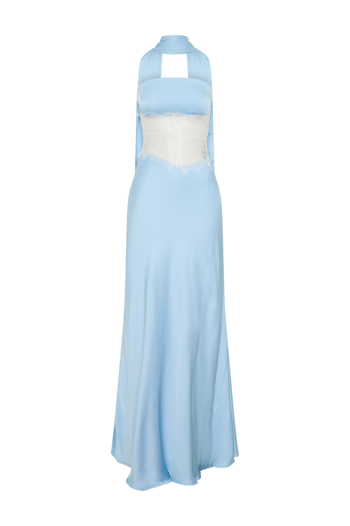 Pilar Strapless Satin And Lace Maxi Dress - Cornflower Blue