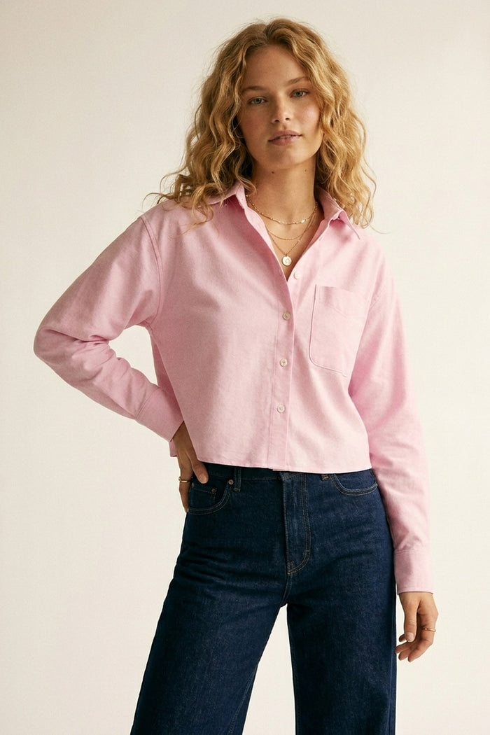 Pink Button-Up Cropped Shirt with Collar - Shirts